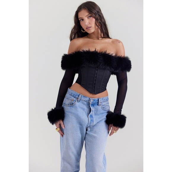 NEW House of CB Merle Faux Fur Trim Top Black XS - Picture 1 of 15